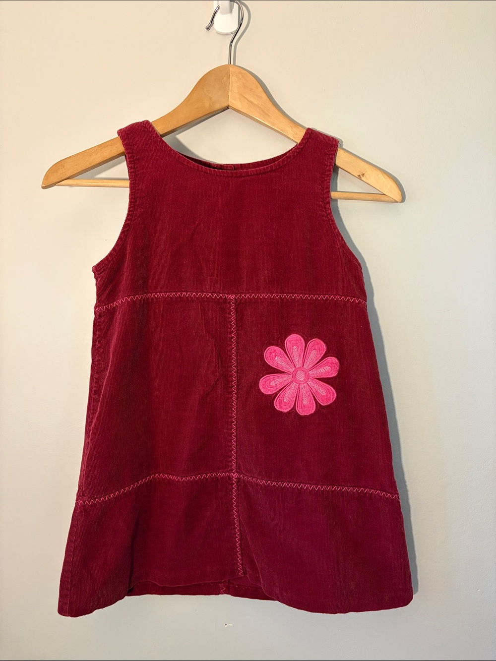 Vintage Girls Burgundy Corduroy Dress with Pink Flower